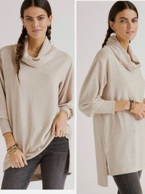 Maeve by Anthropologie Cowl-Neck Tunic Top Light Sand